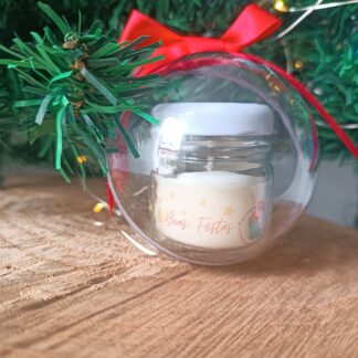 Vela Lembrancinha Natalina | Pote de Vidro Personalizado e Bola de Acrílico