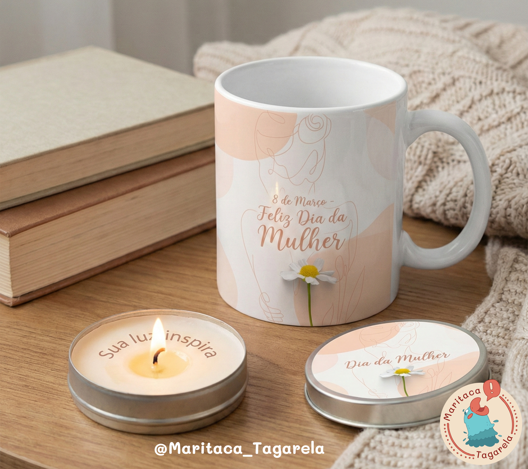 Kit Dia da Mulher - Vela + Caneca Personalizada - Maritaca Tagarela