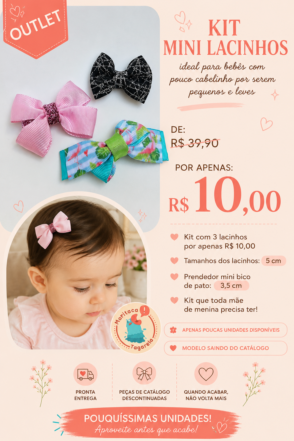 Kit Mini Lacinhos para Bebê – 3 Unidades | Outlet Maritaca Tagarela - Imagem 2
