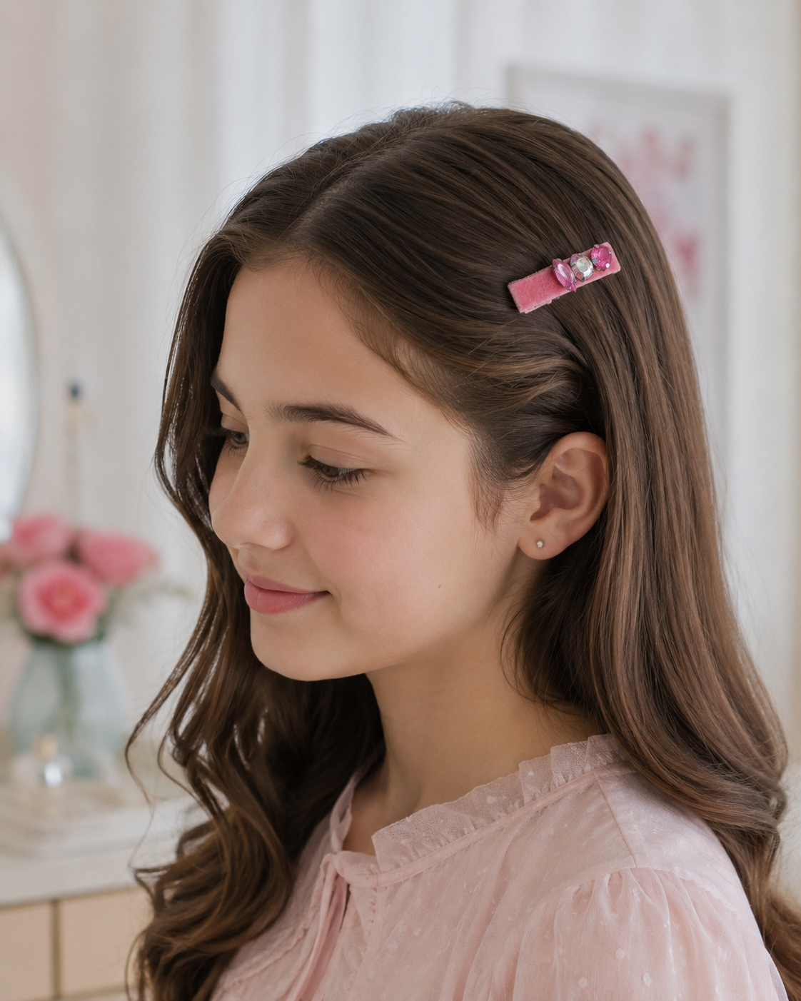 Clip de Cabelo Veludo Rosa com Pedrarias